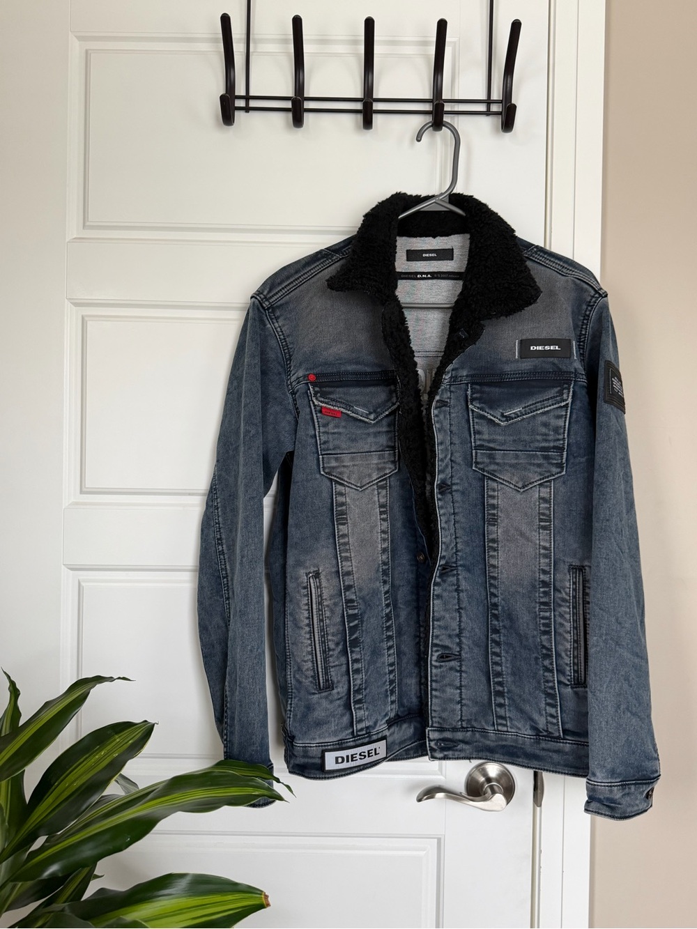 Diesel Washed Denim Jacket with Black Sherpa Collar